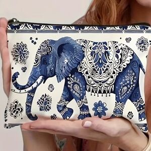 Elephant and Floral Pattern Canvas Makeup Bag NWT
